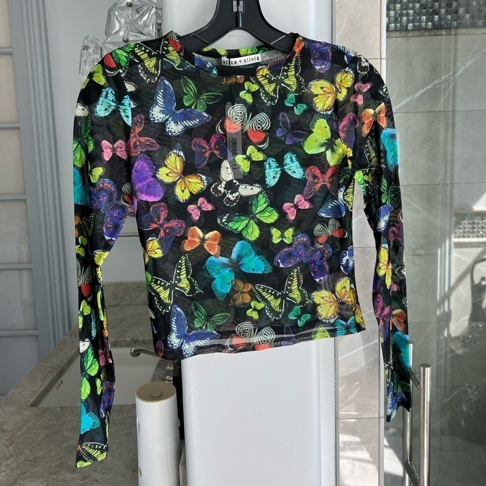 Alice + Olivia Delaina Butterfly Mesh Crop Top Butterfly High Black - Picture 7 of 12